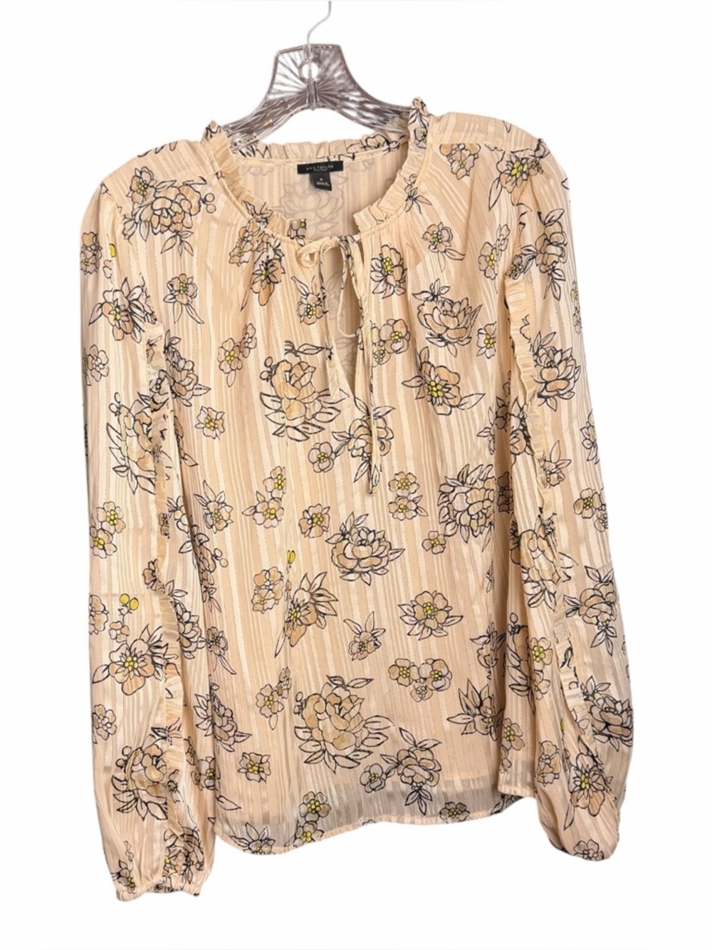 Ann Taylor Floral Stripes Print Blouse Long Sleeve Medium Tie Neck Ruffles